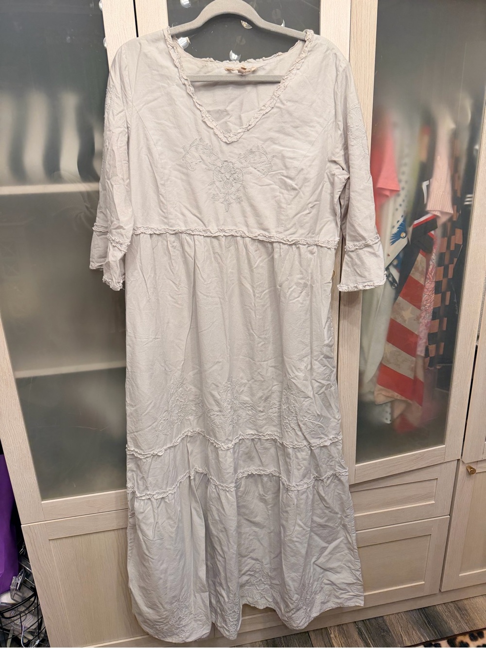 Soft Surroundings Light Gray Tiered Embroidered V-Neck Maxi Dress